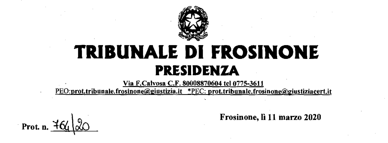 Tribunale di Frosinone: Sospensione dei termini processuali ai sensi dell'art.1, comma2, decreto-legge 8 marzo 2020 n. 11